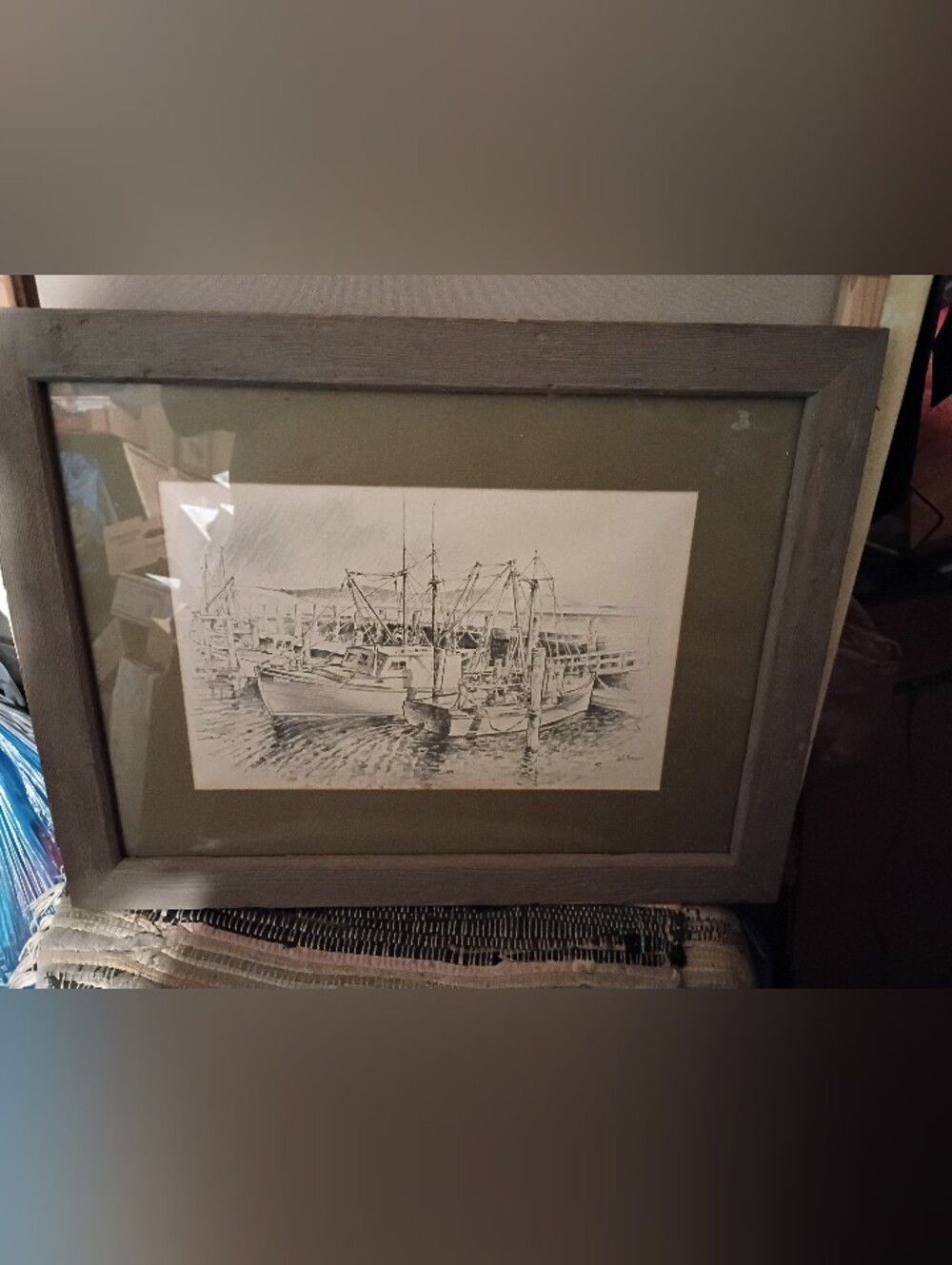 James F. Murray-Framed Nautical Harbor Sketch Wall Art in Gray and Olive